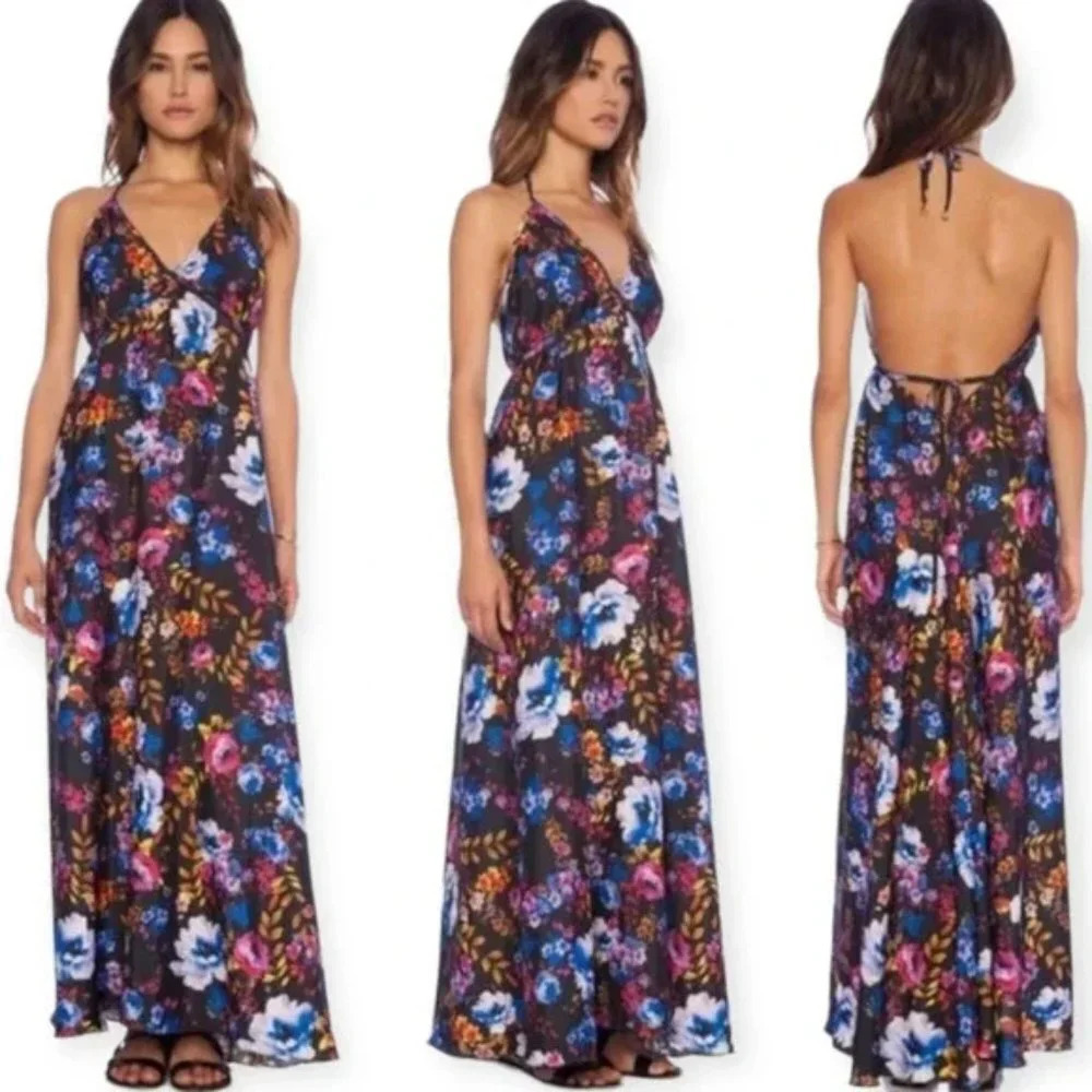 Yumi Kim Sasha Halter Maxi Dress V-Neck Floral Pattern Black Size XS